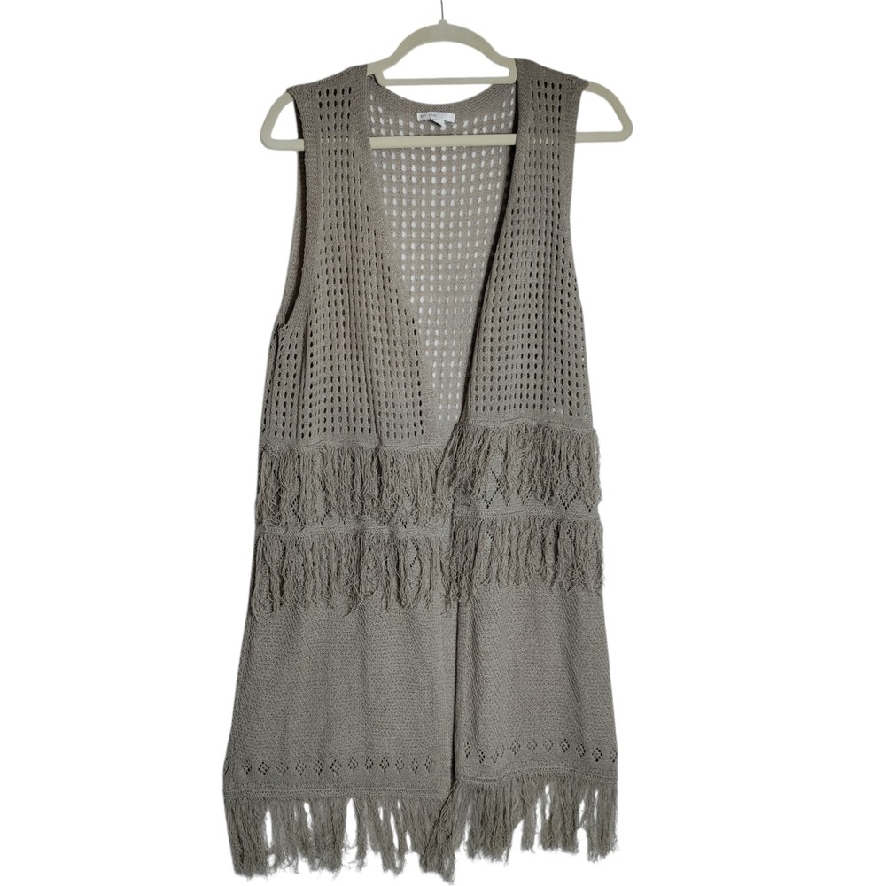 EST. 1946 Womens Tan Open Knit Fringe Longline Cardigan Vest Boho Festival Large